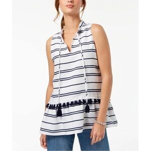 Striped Sleeveless Top with Tassels 100%Linen Split V-neck Drop waist Boho chic